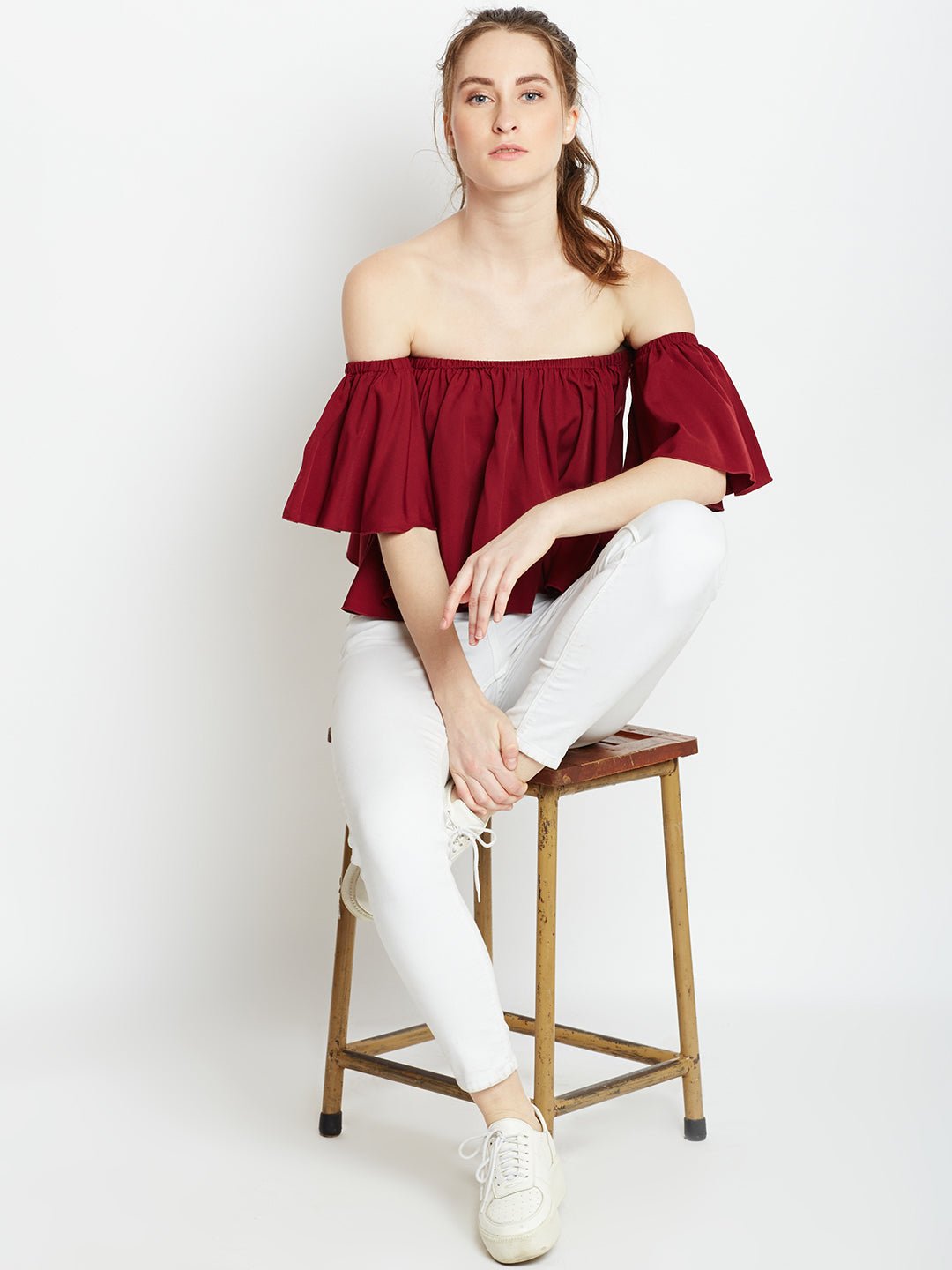 Folk Republic Women Solid Maroon Off-Shoulder Neck Ruffled Crop Bardot Top - #folk republic#
