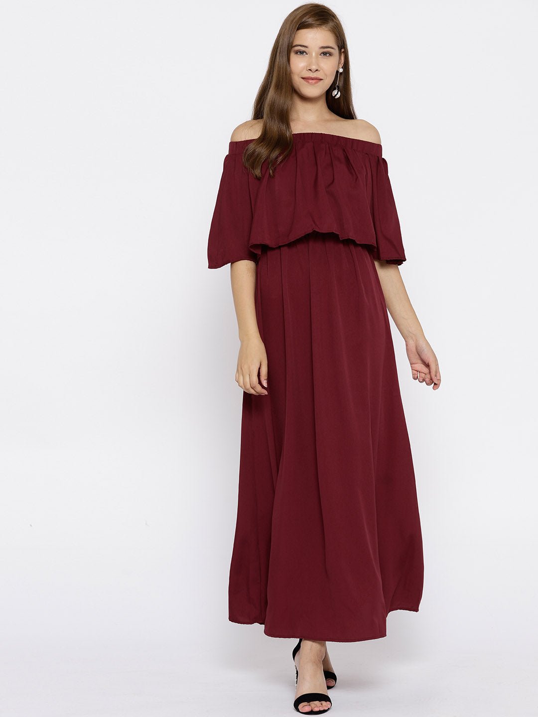Folk Republic Women Solid Maroon Off-Shoulder Three-Quarter Sleeve Crepe Flared Maxi Dress - #folk republic#