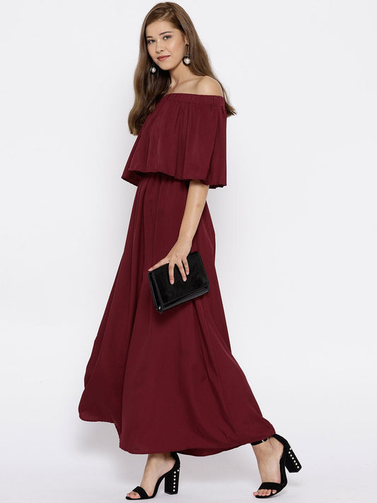 Folk Republic Women Solid Maroon Off-Shoulder Three-Quarter Sleeve Crepe Flared Maxi Dress - #folk republic#
