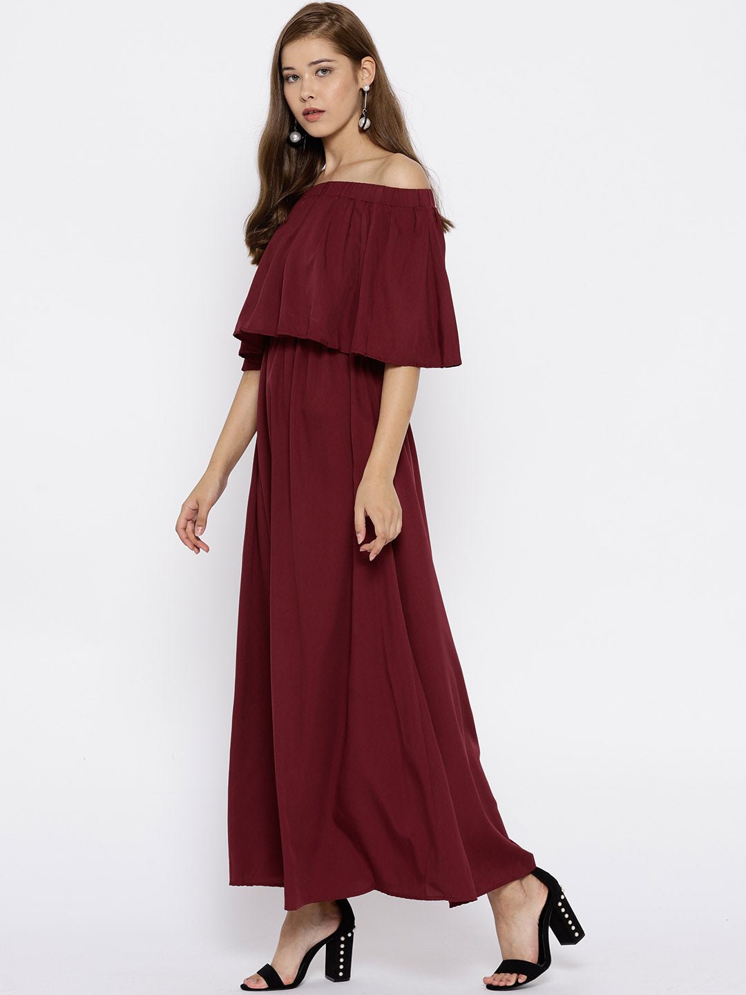 Folk Republic Women Solid Maroon Off-Shoulder Three-Quarter Sleeve Crepe Flared Maxi Dress - #folk republic#