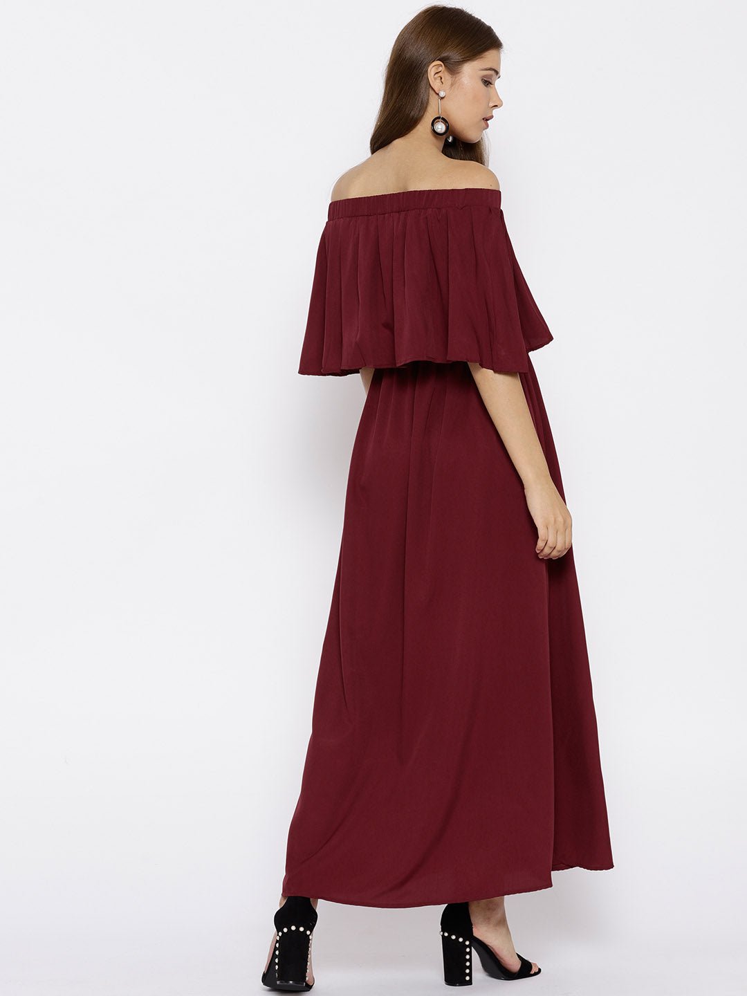 Folk Republic Women Solid Maroon Off-Shoulder Three-Quarter Sleeve Crepe Flared Maxi Dress - #folk republic#