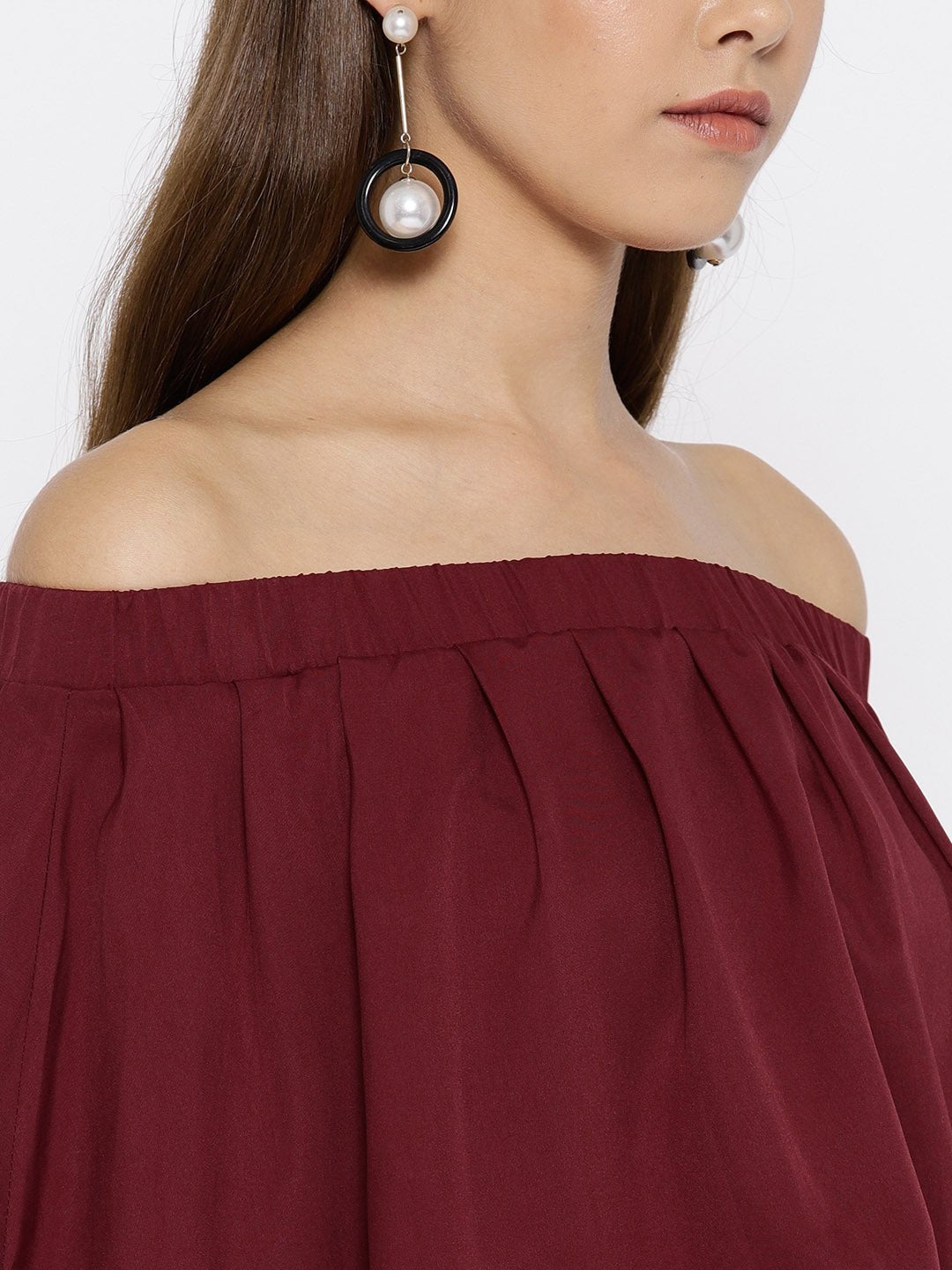 Folk Republic Women Solid Maroon Off-Shoulder Three-Quarter Sleeve Crepe Flared Maxi Dress - #folk republic#