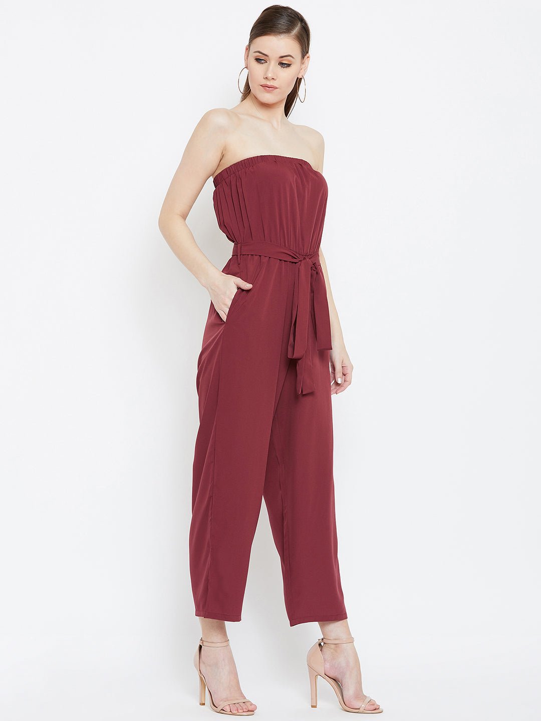 Folk Republic Women Solid Maroon Off-Shoulder Waist Tie-Up Slited Jumpsuit - #folk republic#