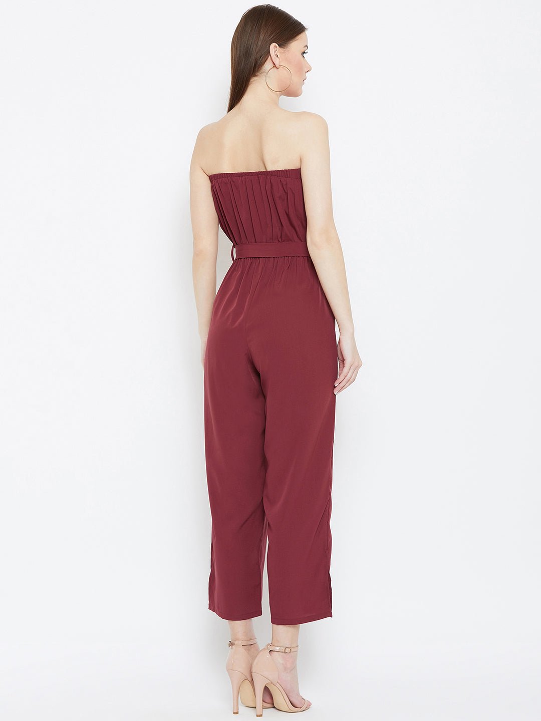 Folk Republic Women Solid Maroon Off-Shoulder Waist Tie-Up Slited Jumpsuit - #folk republic#