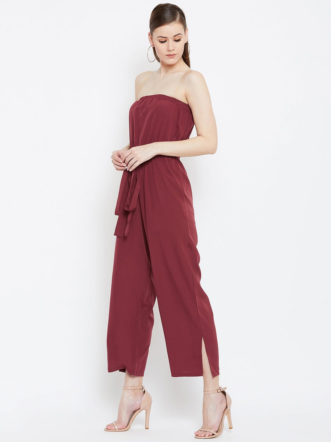 Folk Republic Women Solid Maroon Off-Shoulder Waist Tie-Up Slited Jumpsuit - #folk republic#