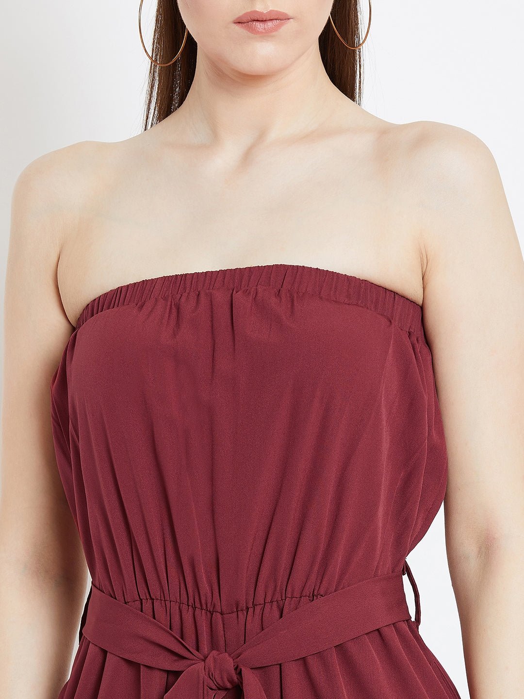 Folk Republic Women Solid Maroon Off-Shoulder Waist Tie-Up Slited Jumpsuit - #folk republic#