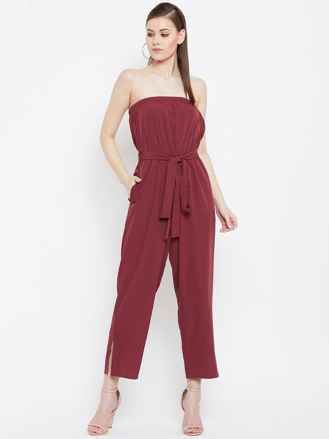Folk Republic Women Solid Maroon Off-Shoulder Waist Tie-Up Slited Jumpsuit - #folk republic#