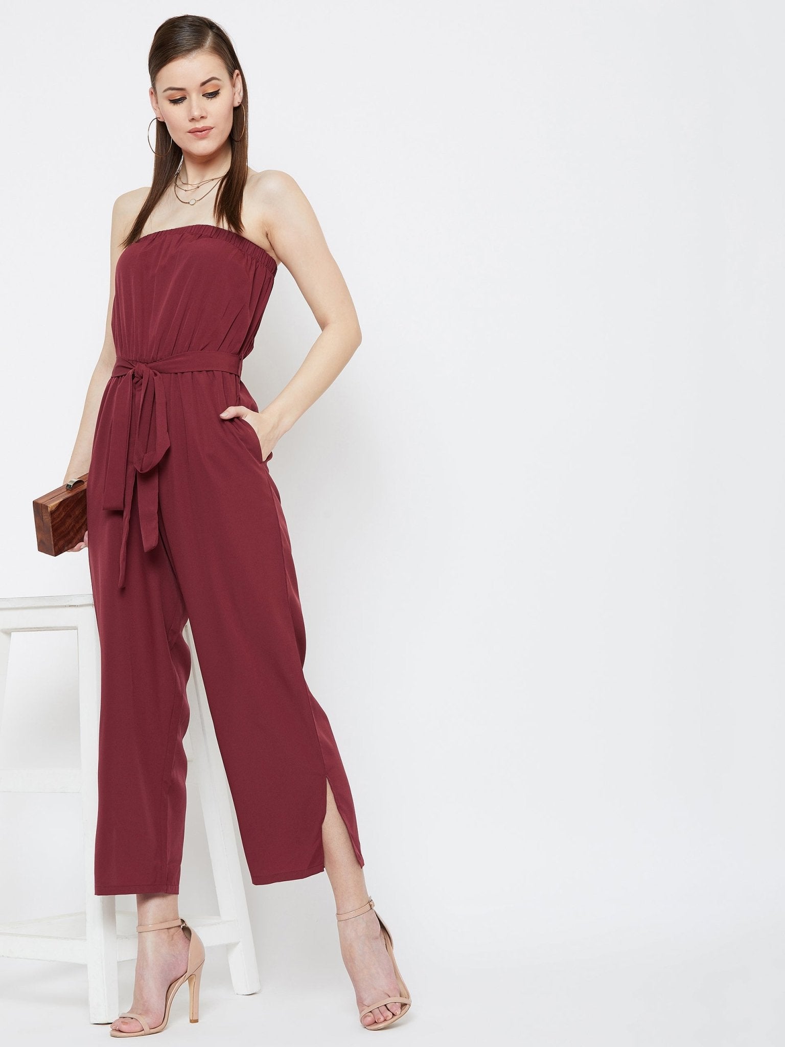 Folk Republic Women Solid Maroon Off-Shoulder Waist Tie-Up Slited Jumpsuit - #folk republic#