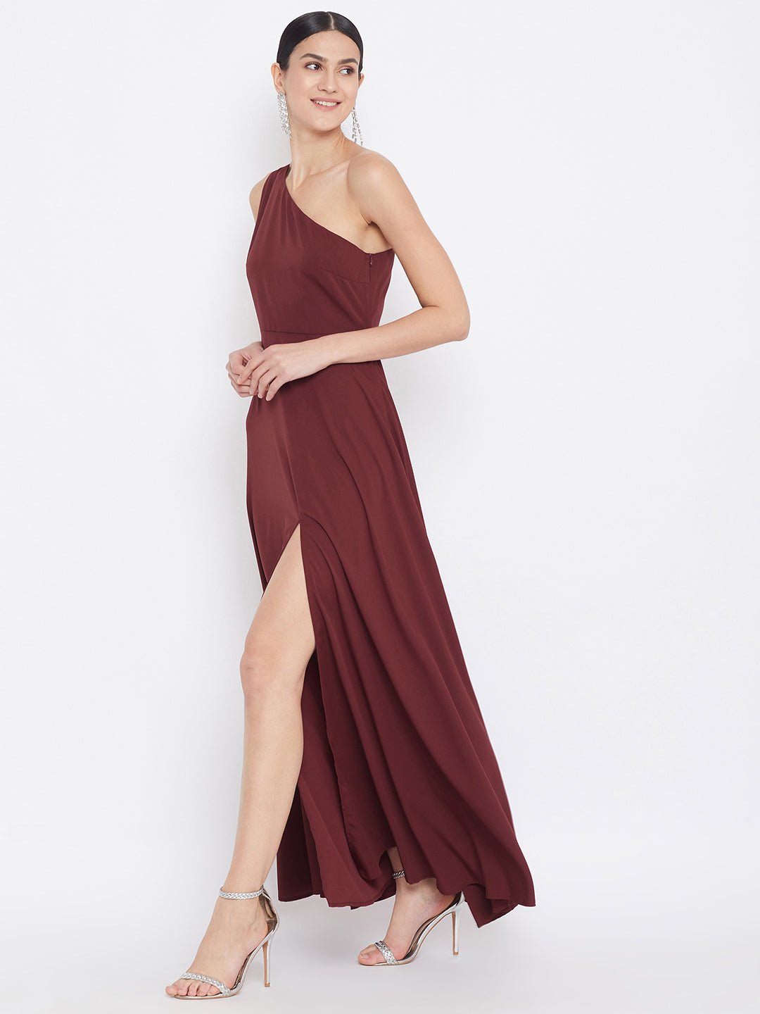 Folk Republic Women Solid Maroon One-Shoulder A-Line Maxi Dress - #folk republic#
