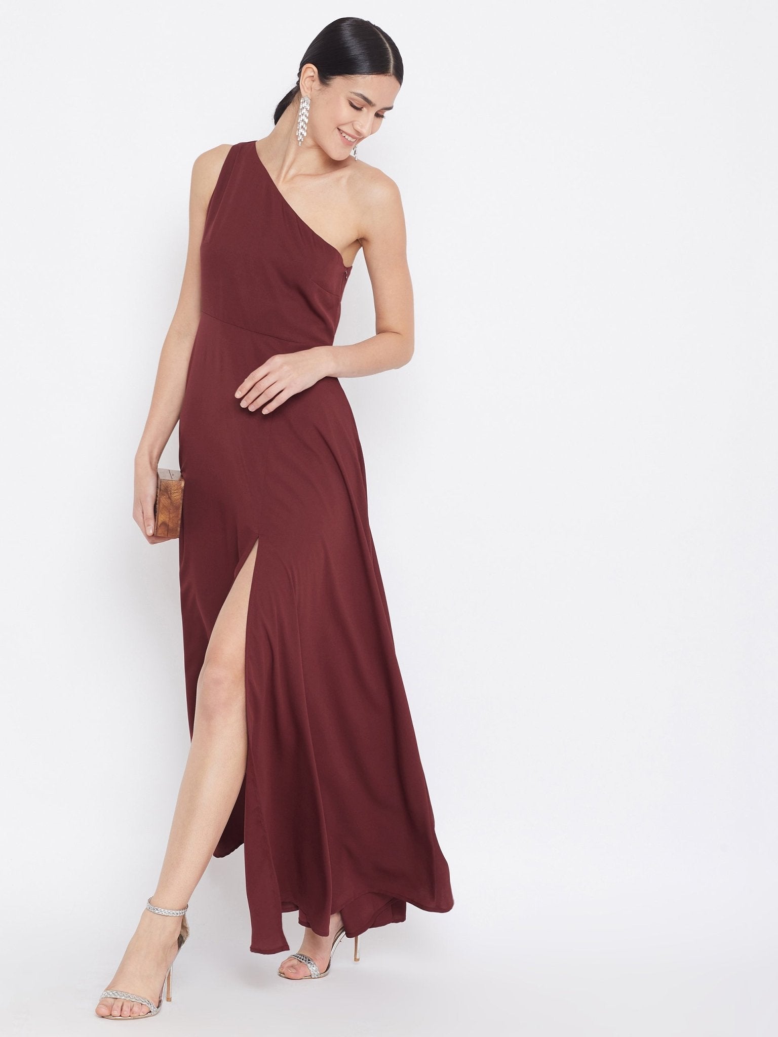Folk Republic Women Solid Maroon One-Shoulder A-Line Maxi Dress - #folk republic#