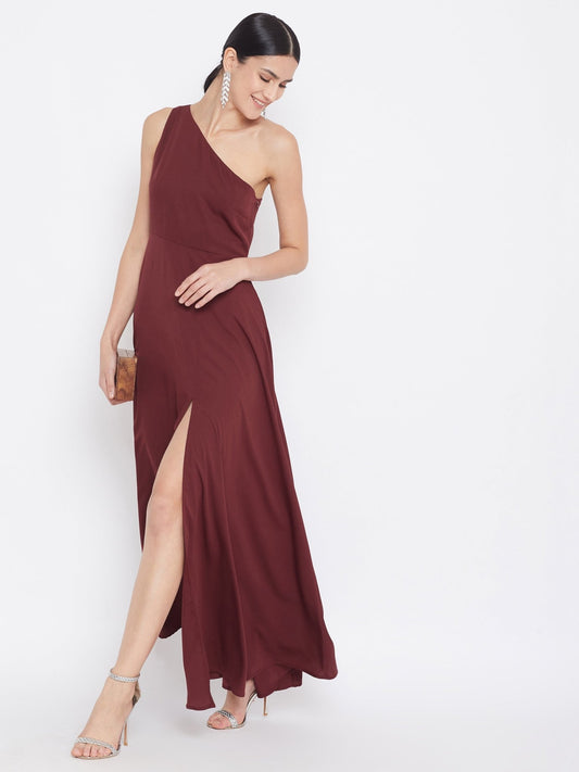 Folk Republic Women Solid Maroon One-Shoulder A-Line Maxi Dress - #folk republic#