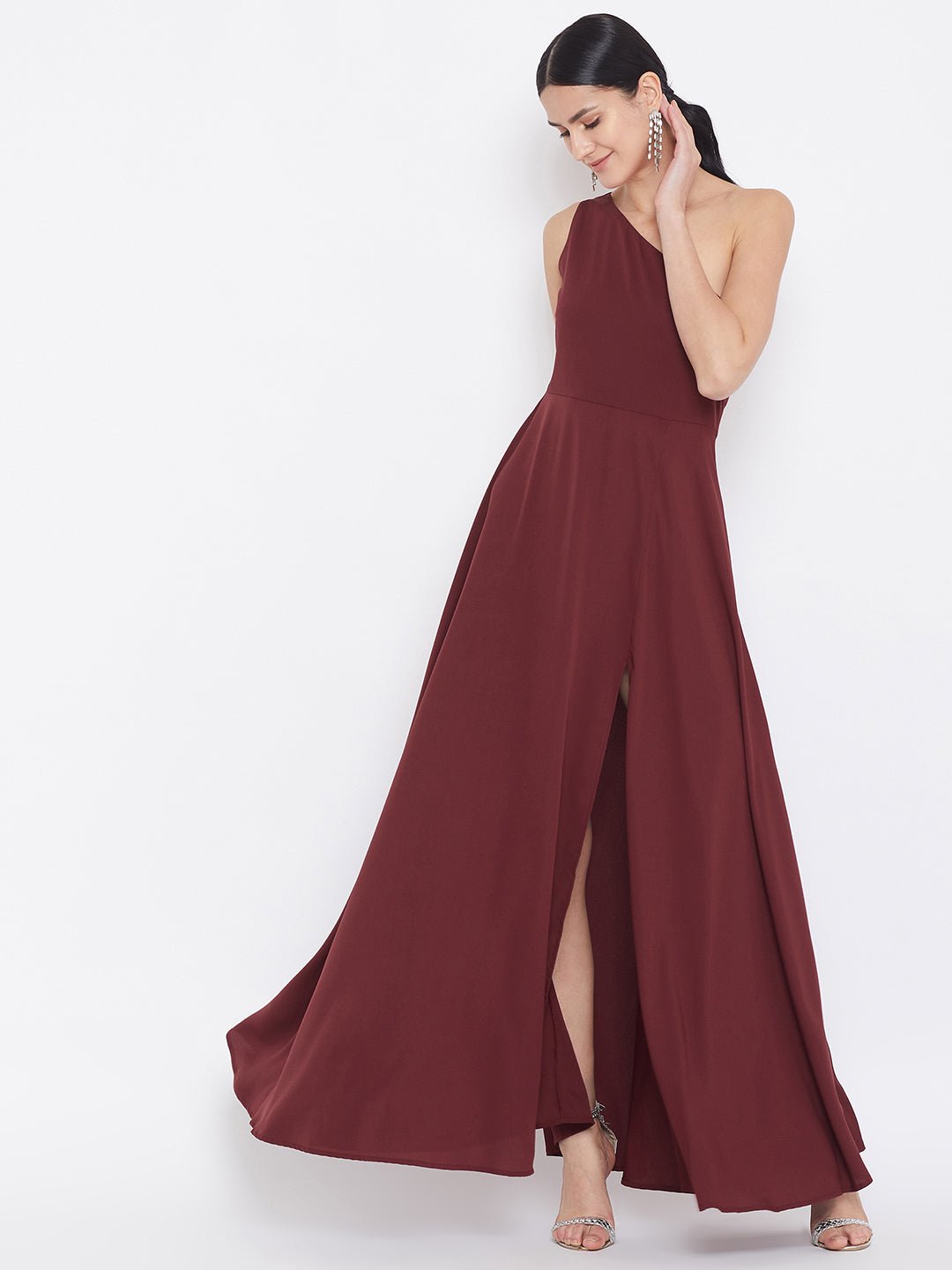 Folk Republic Women Solid Maroon One-Shoulder A-Line Maxi Dress - #folk republic#