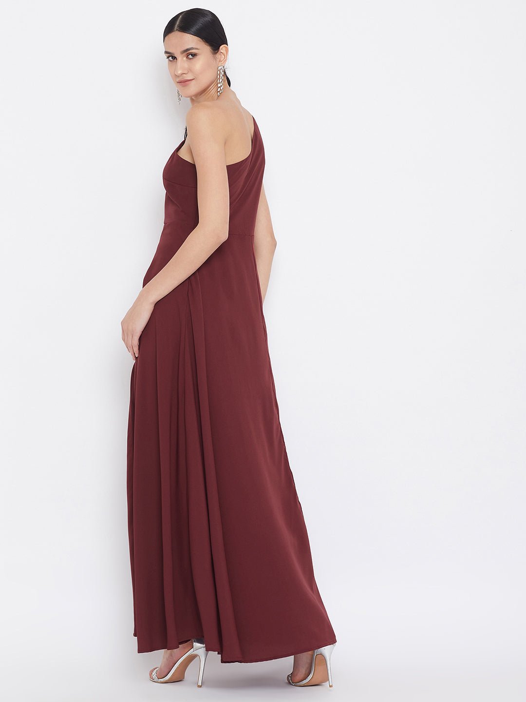 Folk Republic Women Solid Maroon One-Shoulder A-Line Maxi Dress - #folk republic#