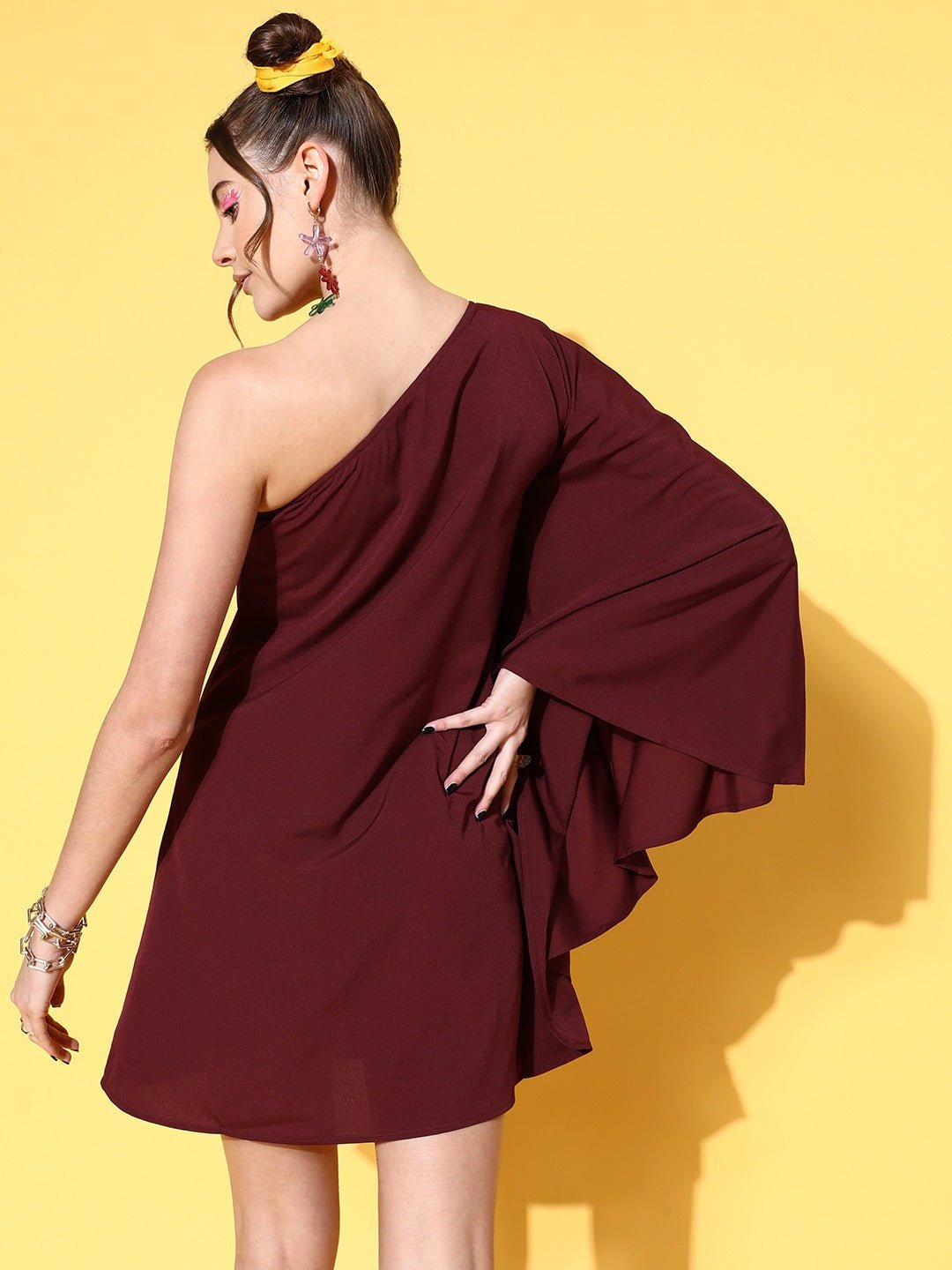 Folk Republic Women Solid Maroon One-Shoulder Neck Kimono Sleeve Crepe Kaftan Mini Dress - #folk republic#