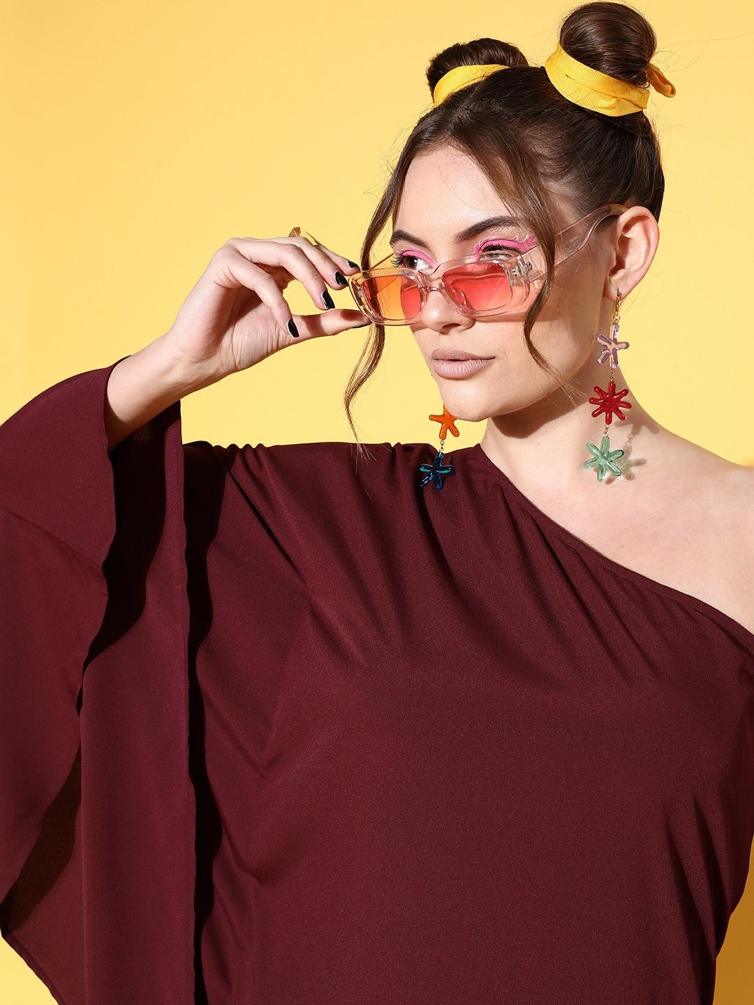 Folk Republic Women Solid Maroon One-Shoulder Neck Kimono Sleeve Crepe Kaftan Mini Dress - #folk republic#