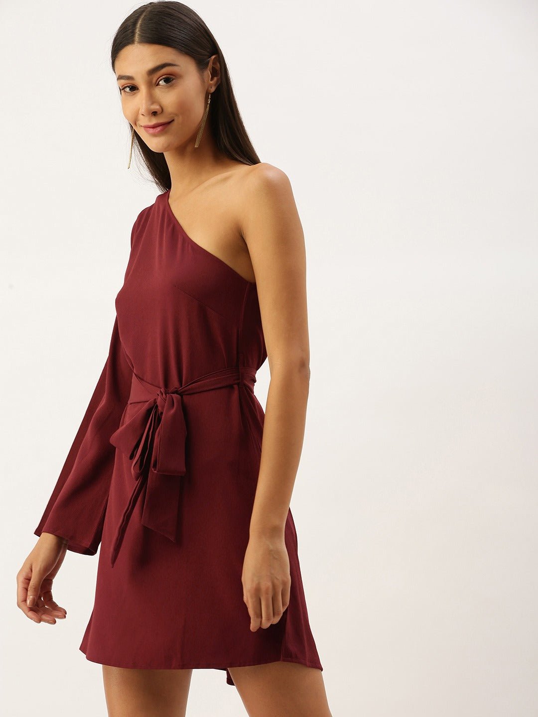 Folk Republic Women Solid Maroon One Shoulder Tie-Up Mini Dress - #folk republic#
