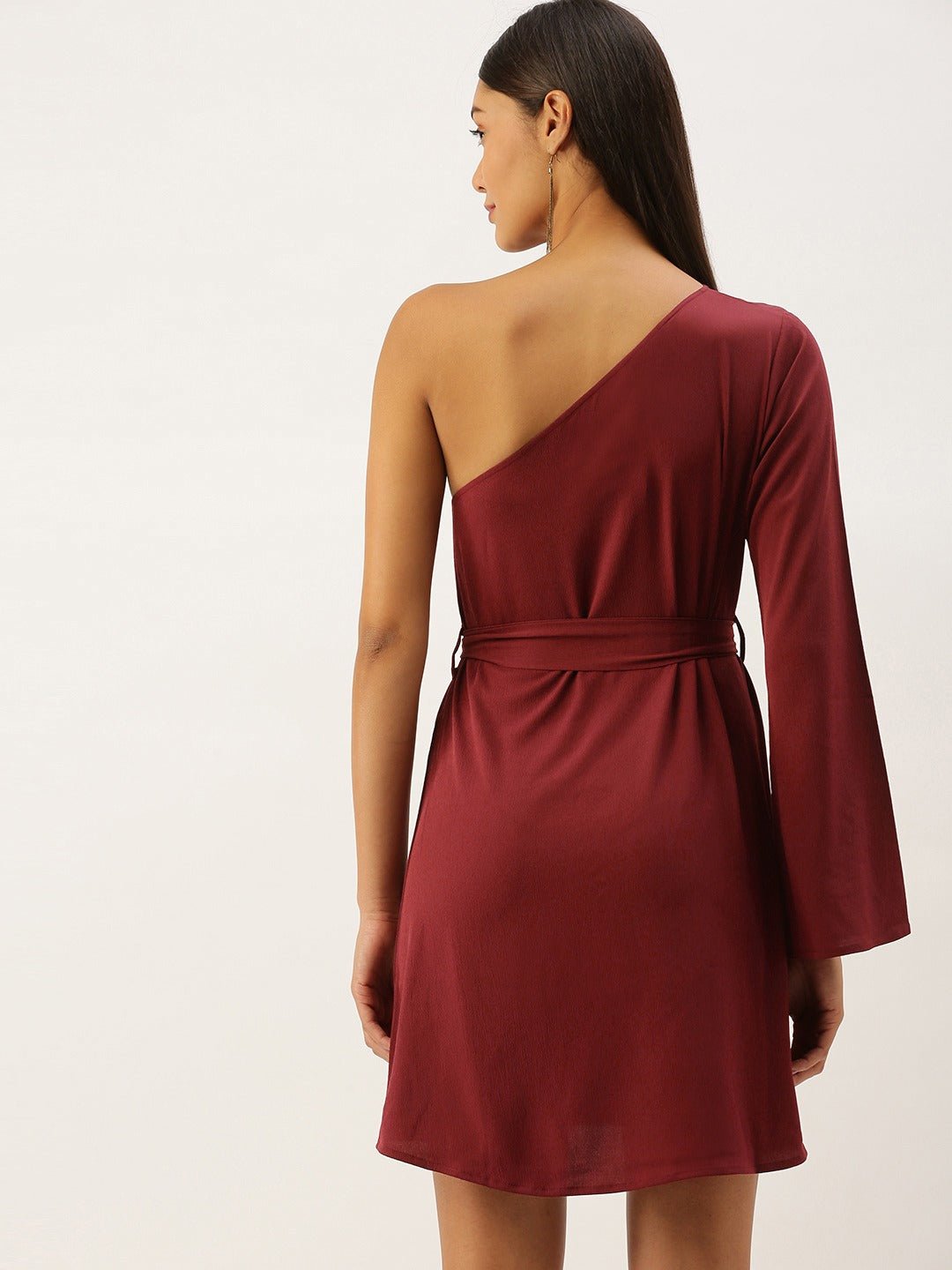 Folk Republic Women Solid Maroon One Shoulder Tie-Up Mini Dress - #folk republic#