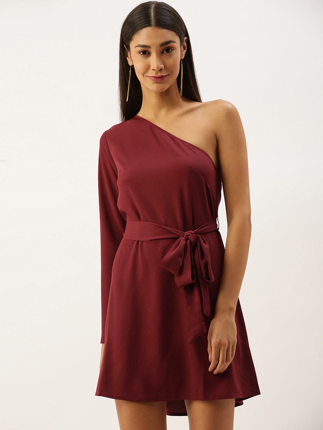 Folk Republic Women Solid Maroon One Shoulder Tie-Up Mini Dress - #folk republic#