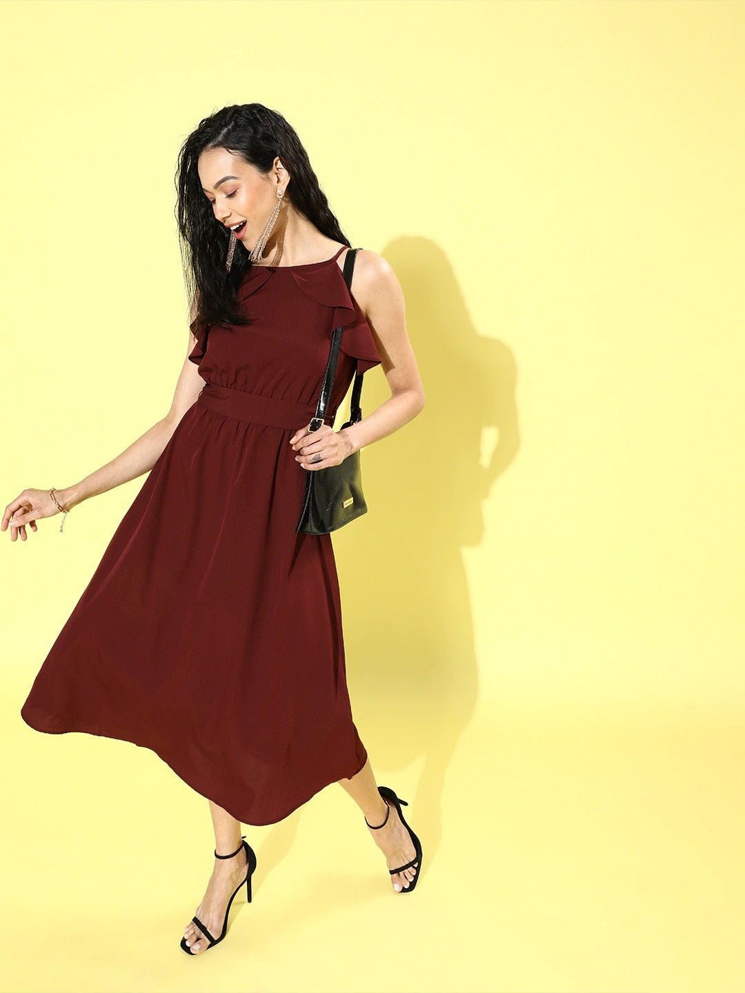 Folk Republic Women Solid Maroon Round Neck Waist Tie-Up Ruffled Fit & Flare Midi Dress - #folk republic#
