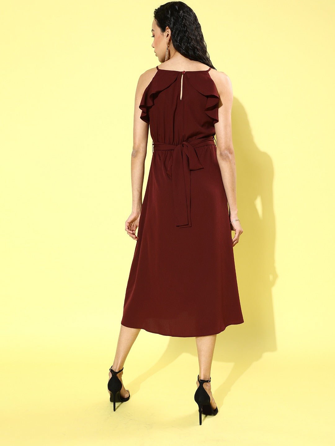 Folk Republic Women Solid Maroon Round Neck Waist Tie-Up Ruffled Fit & Flare Midi Dress - #folk republic#