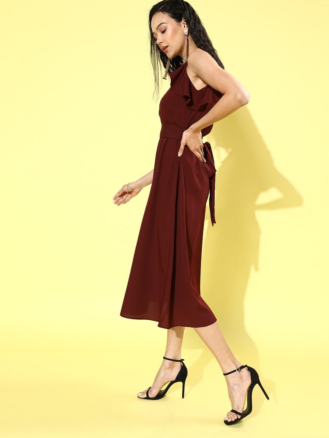 Folk Republic Women Solid Maroon Round Neck Waist Tie-Up Ruffled Fit & Flare Midi Dress - #folk republic#