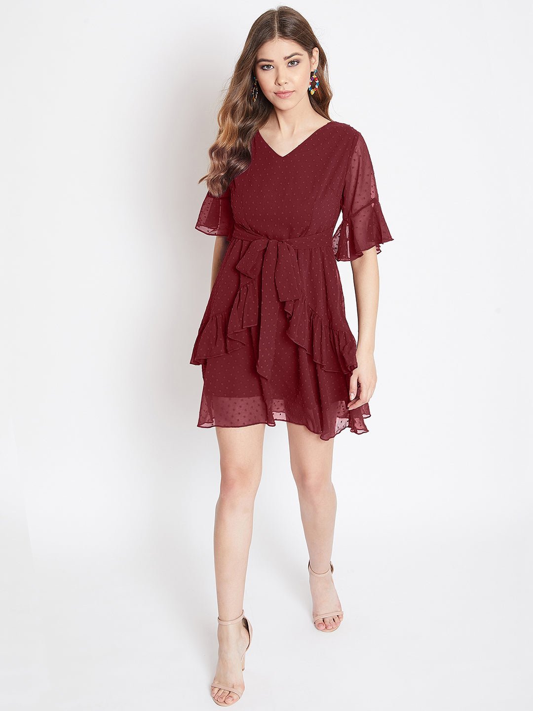 Folk Republic Women Solid Maroon Self-Design Patterned V-Neck Layered Fit & Flare Mini Dress - #folk republic#