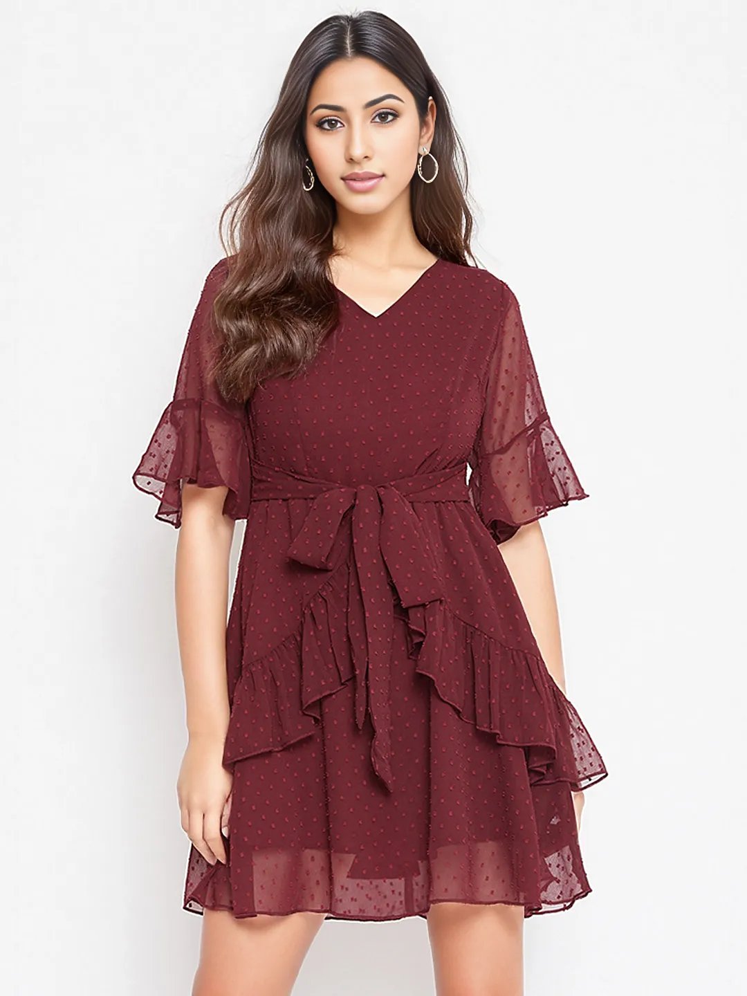 Folk Republic Women Solid Maroon Self-Design Patterned V-Neck Layered Fit & Flare Mini Dress - #folk republic#