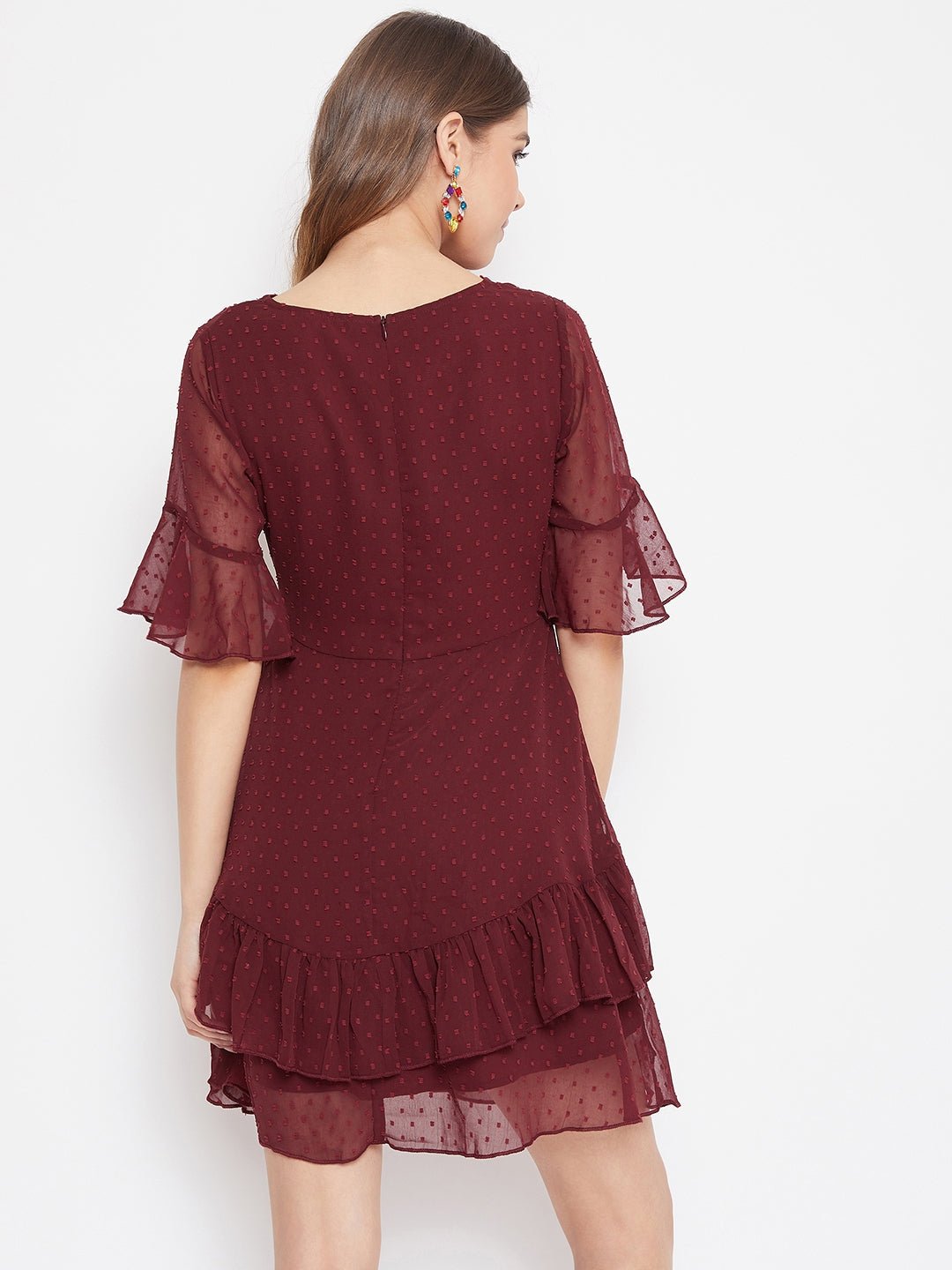 Folk Republic Women Solid Maroon Self-Design Patterned V-Neck Layered Fit & Flare Mini Dress - #folk republic#