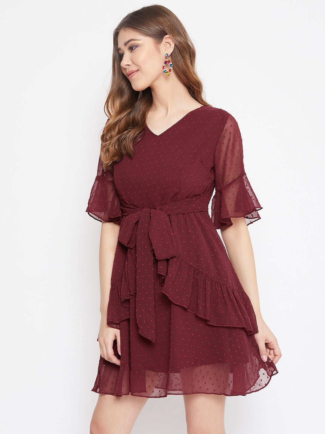 Folk Republic Women Solid Maroon Self-Design Patterned V-Neck Layered Fit & Flare Mini Dress - #folk republic#