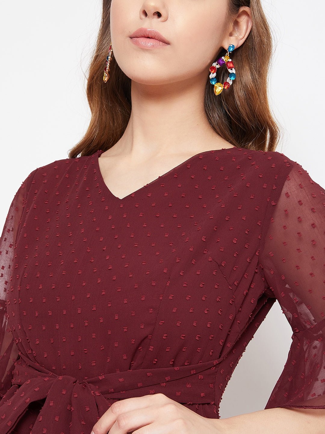Folk Republic Women Solid Maroon Self-Design Patterned V-Neck Layered Fit & Flare Mini Dress - #folk republic#