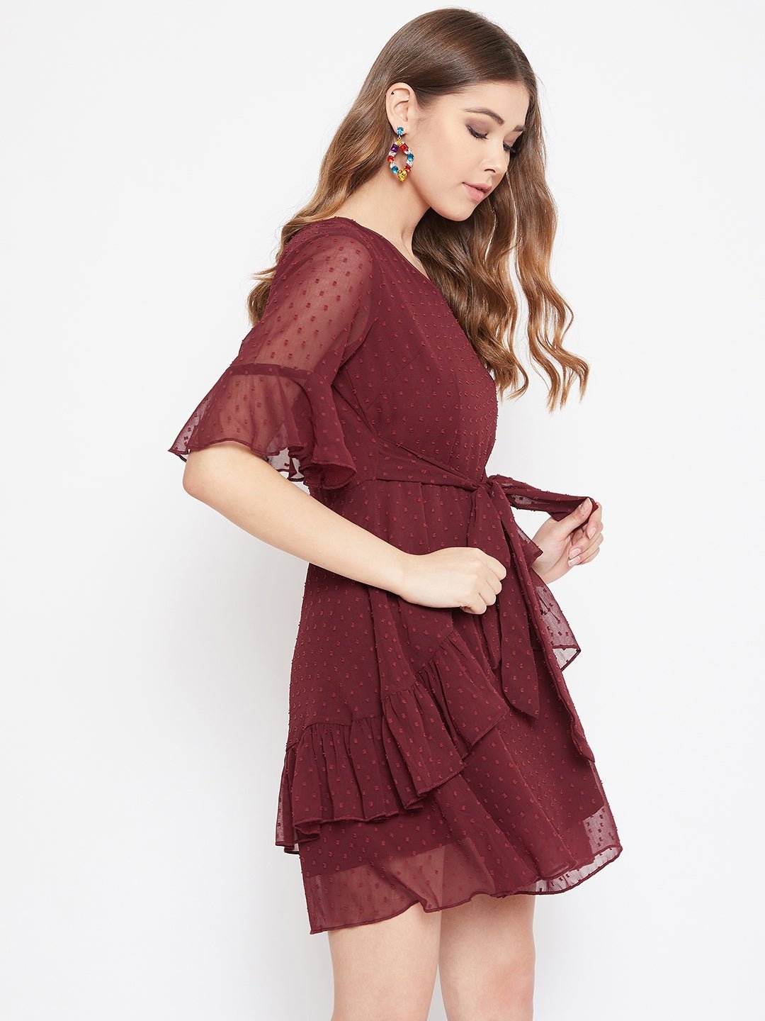 Folk Republic Women Solid Maroon Self-Design Patterned V-Neck Layered Fit & Flare Mini Dress - #folk republic#