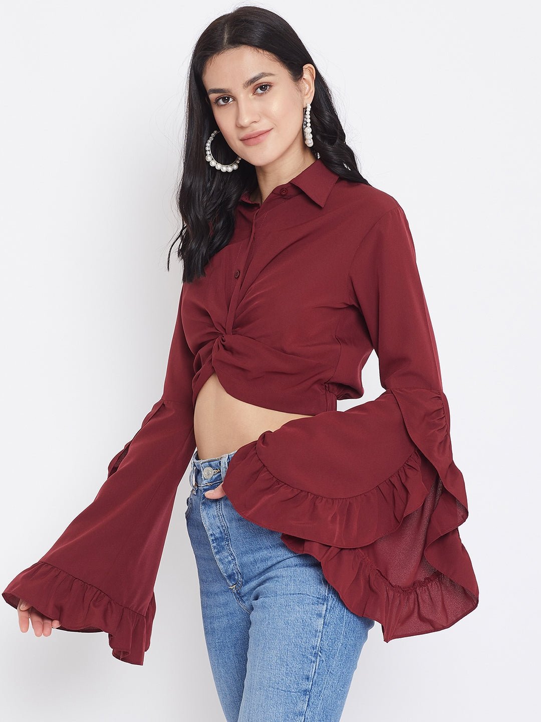 Folk Republic Women Solid Maroon Shirt Collar Frilled Sleeves Crop Top - #folk republic#