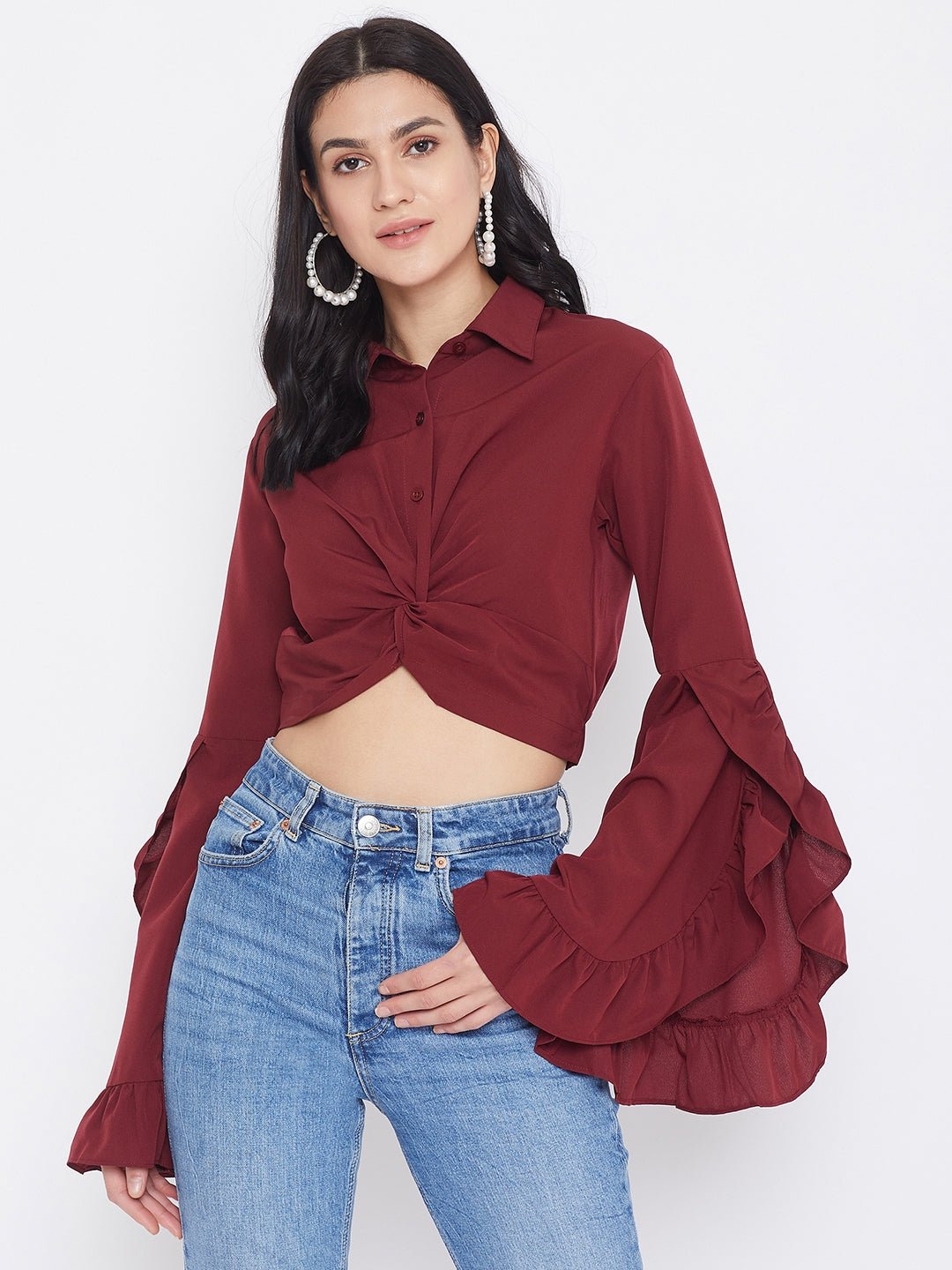 Folk Republic Women Solid Maroon Shirt Collar Frilled Sleeves Crop Top - #folk republic#