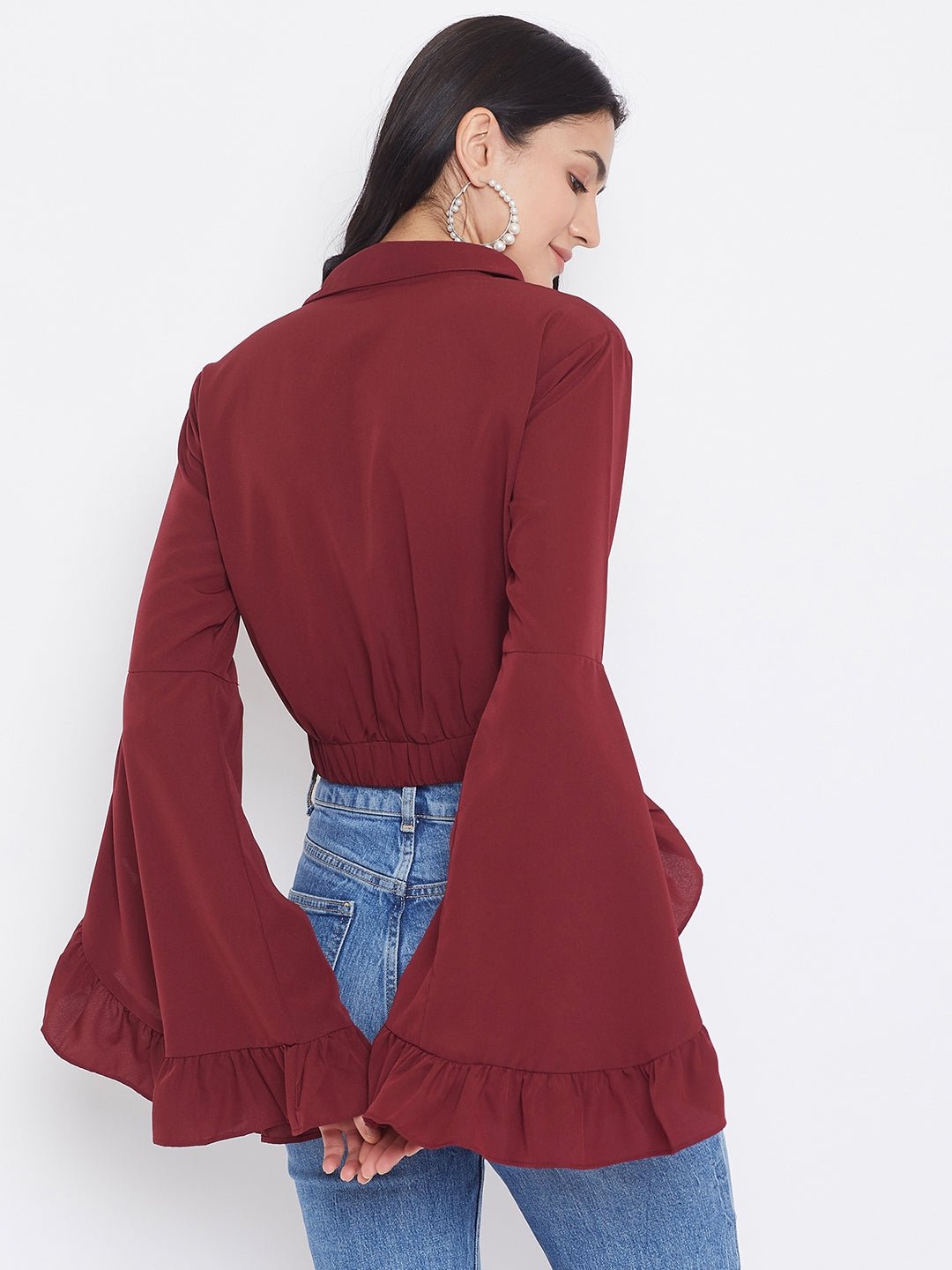 Folk Republic Women Solid Maroon Shirt Collar Frilled Sleeves Crop Top - #folk republic#