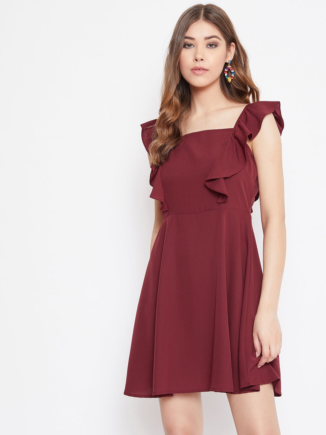 Folk Republic Women Solid Maroon Sleeveless Ruffled Fit & Flare Mini Dress - #folk republic#