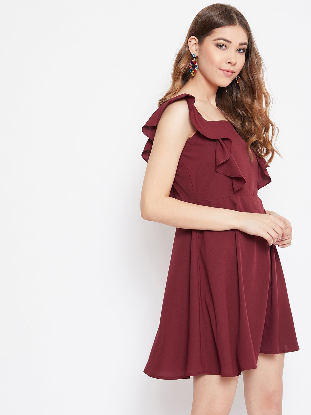Folk Republic Women Solid Maroon Sleeveless Ruffled Fit & Flare Mini Dress - #folk republic#