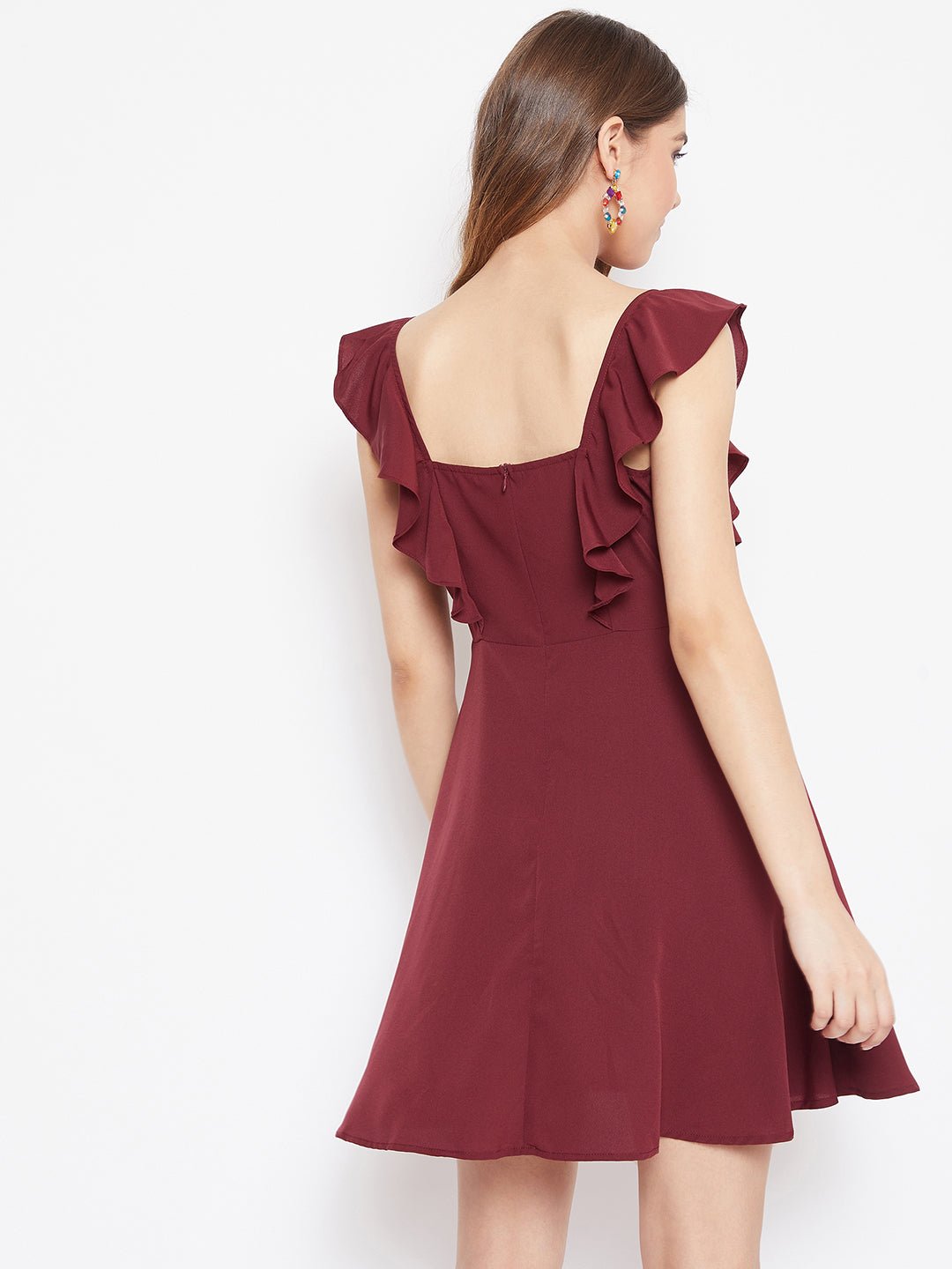 Folk Republic Women Solid Maroon Sleeveless Ruffled Fit & Flare Mini Dress - #folk republic#