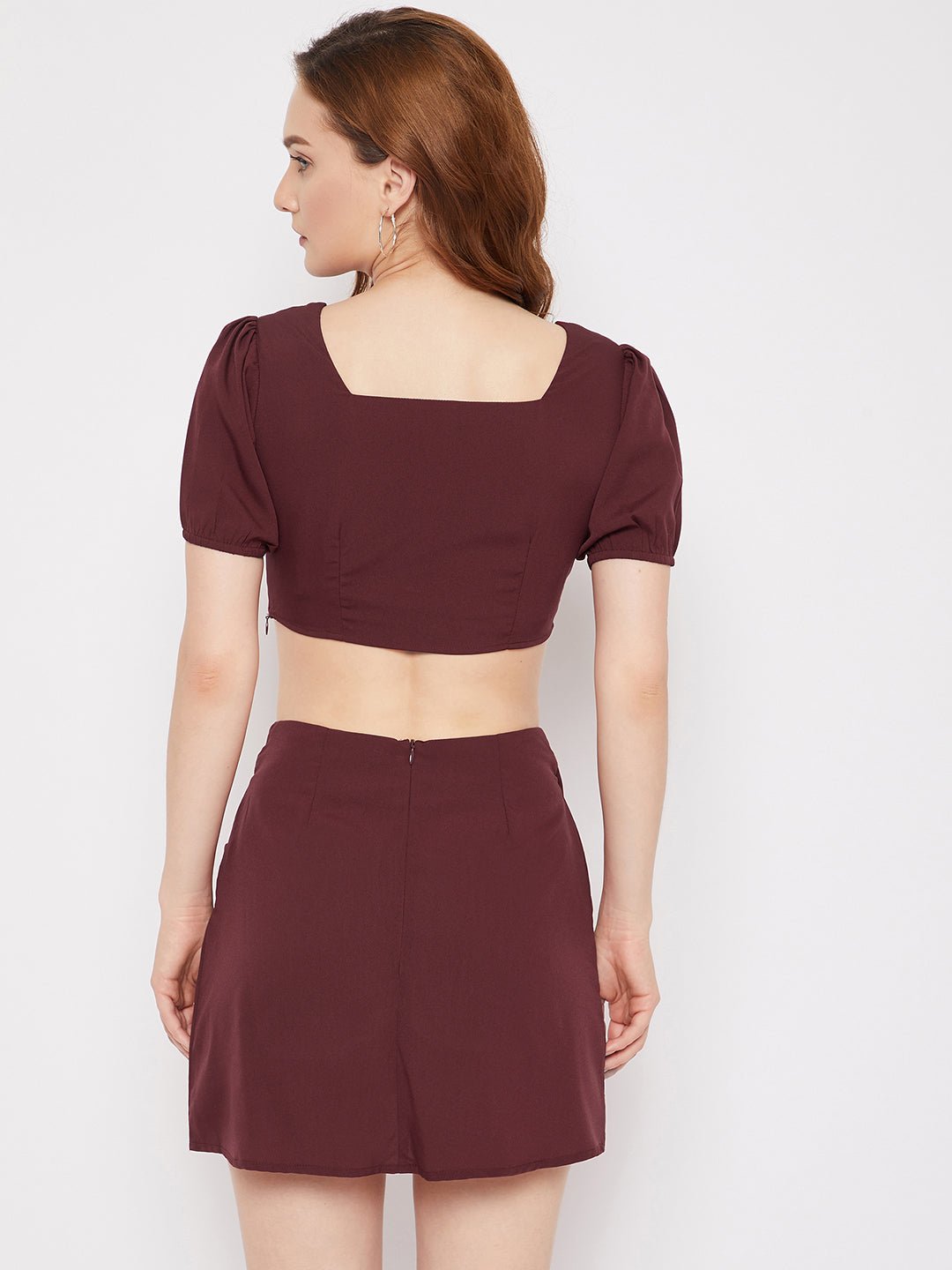 Folk Republic Women Solid Maroon Square Neck Puff Sleeve Tulip Hem Co-Ordinate Mini Dress - #folk republic#
