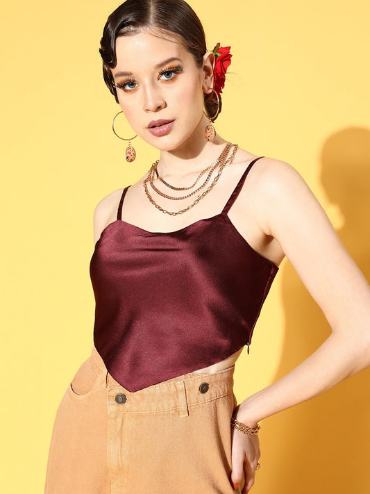 Folk Republic Women Solid Maroon Square Neck Satin Cropped Top - #folk republic#