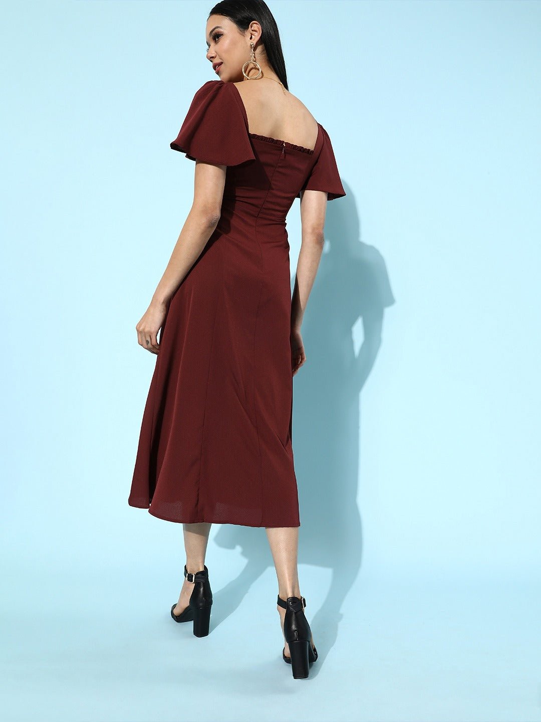 Folk Republic Women Solid Maroon Square-Neck Thigh-Slit A-Line Midi Dress - #folk republic#
