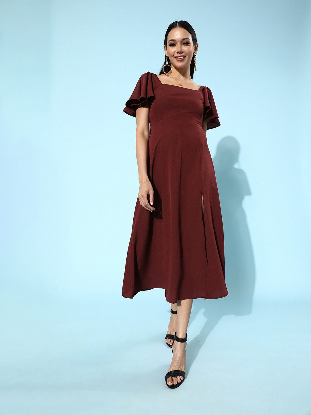 Folk Republic Women Solid Maroon Square-Neck Thigh-Slit A-Line Midi Dress - #folk republic#