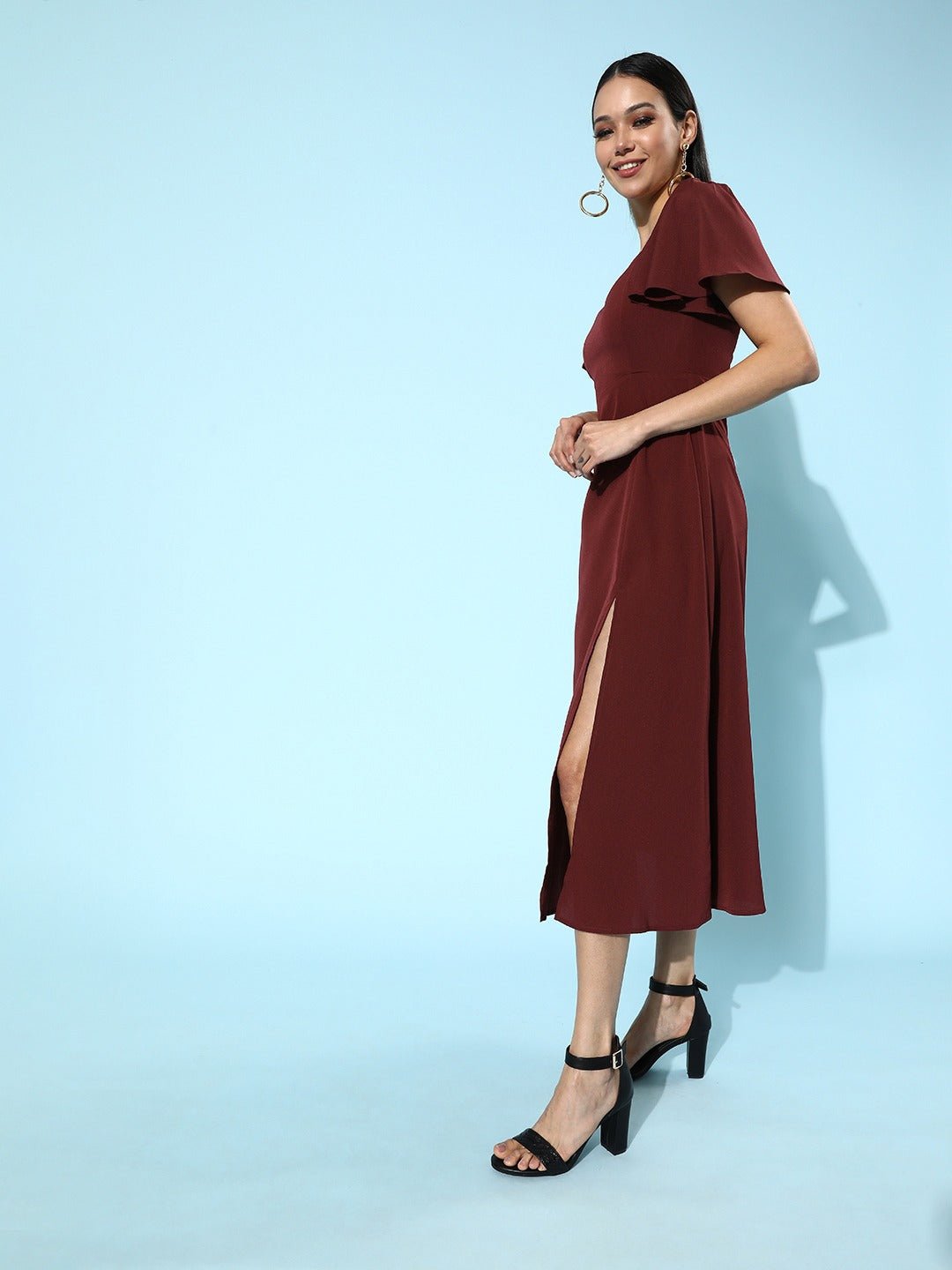 Folk Republic Women Solid Maroon Square-Neck Thigh-Slit A-Line Midi Dress - #folk republic#