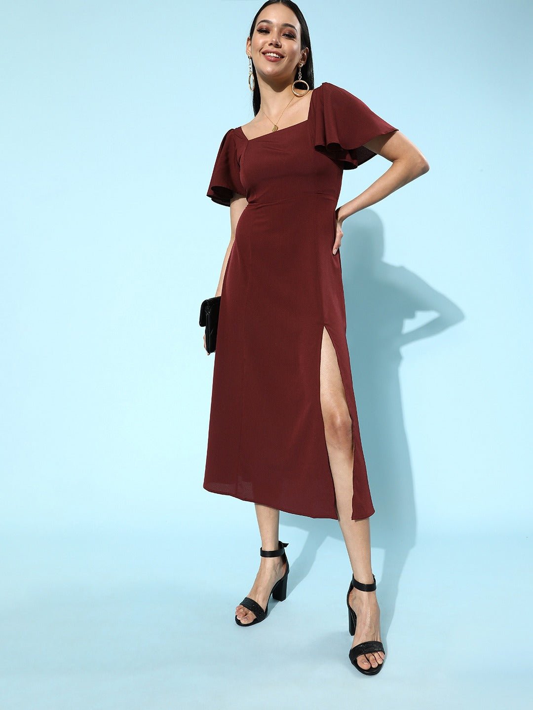 Folk Republic Women Solid Maroon Square-Neck Thigh-Slit A-Line Midi Dress - #folk republic#