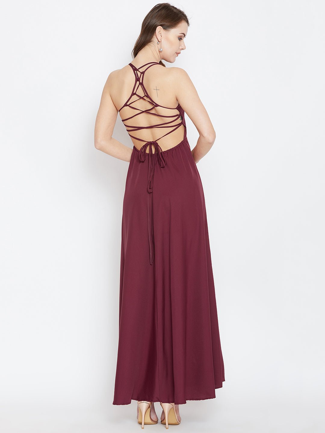 Folk Republic Women Solid Maroon Square Neck Tie-Up Caged Back Flared Maxi Dress - #folk republic#