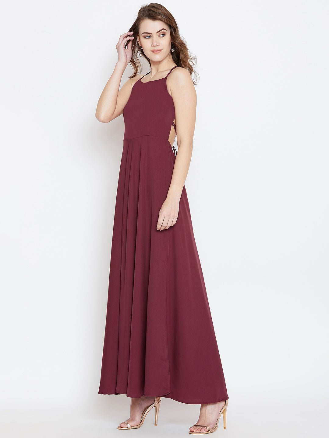 Folk Republic Women Solid Maroon Square Neck Tie-Up Caged Back Flared Maxi Dress - #folk republic#