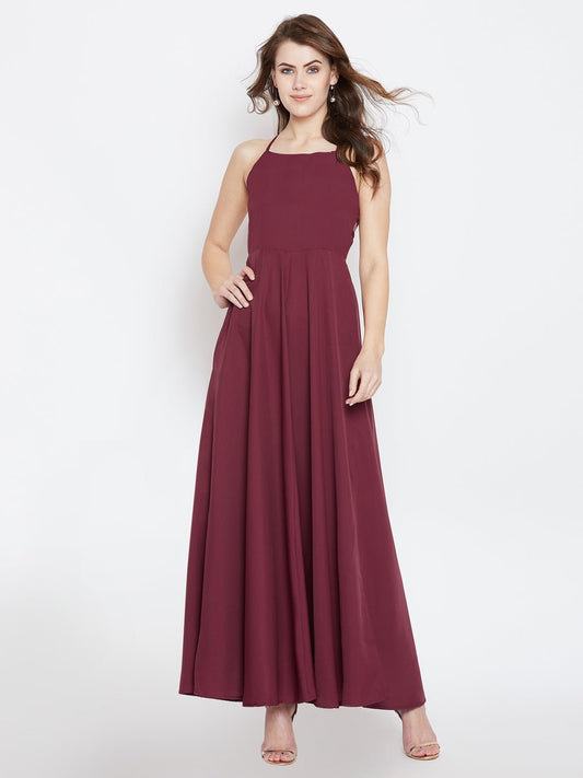 Folk Republic Women Solid Maroon Square Neck Tie-Up Caged Back Flared Maxi Dress - #folk republic#