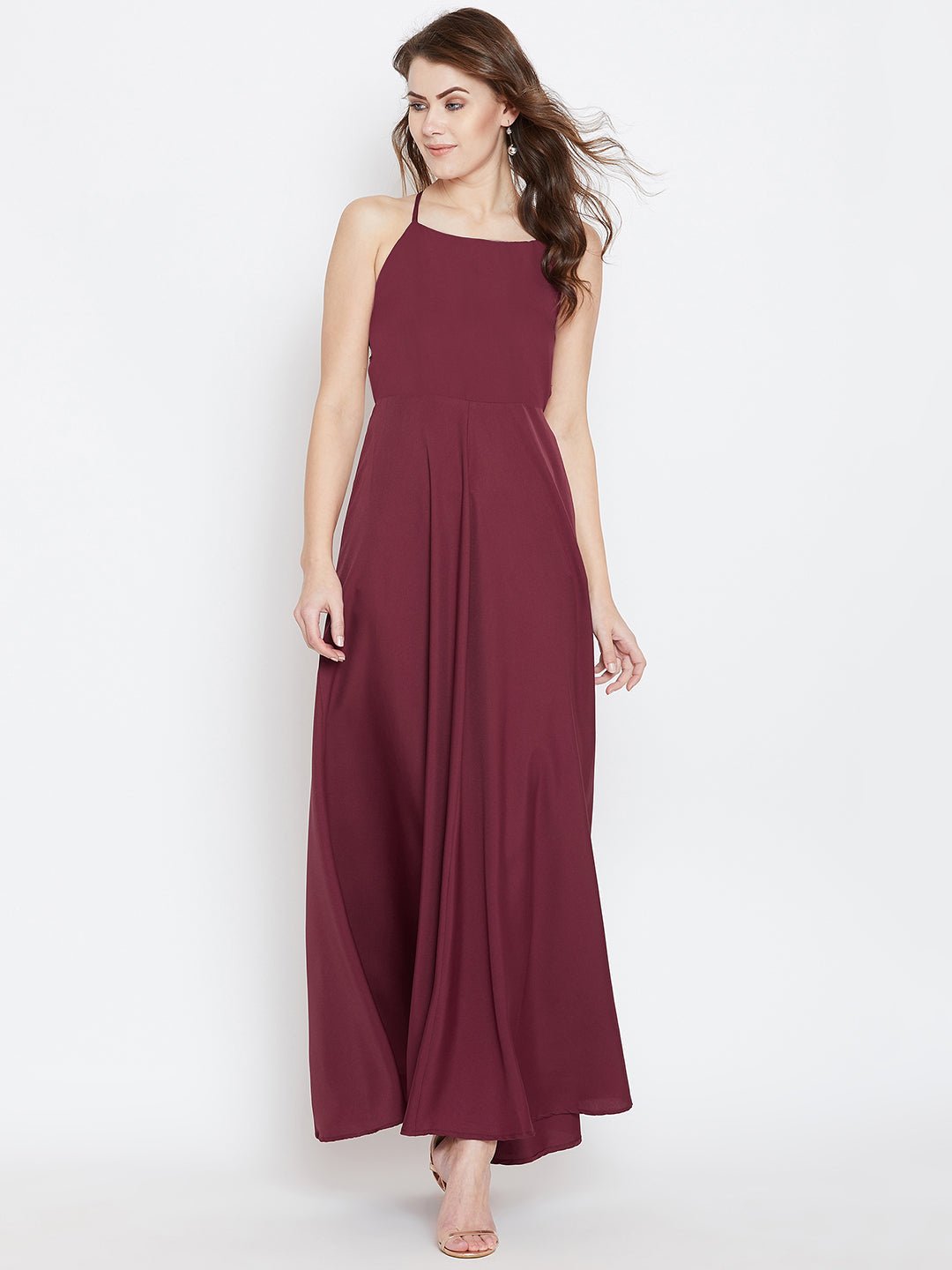 Folk Republic Women Solid Maroon Square Neck Tie-Up Caged Back Flared Maxi Dress - #folk republic#