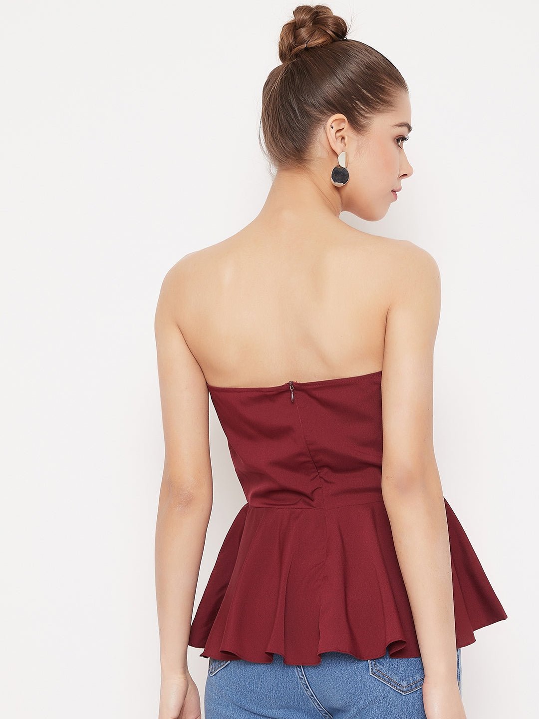Folk Republic Women Solid Maroon Strapless Neck Sleeveless Crepe Peplum Top - #folk republic#