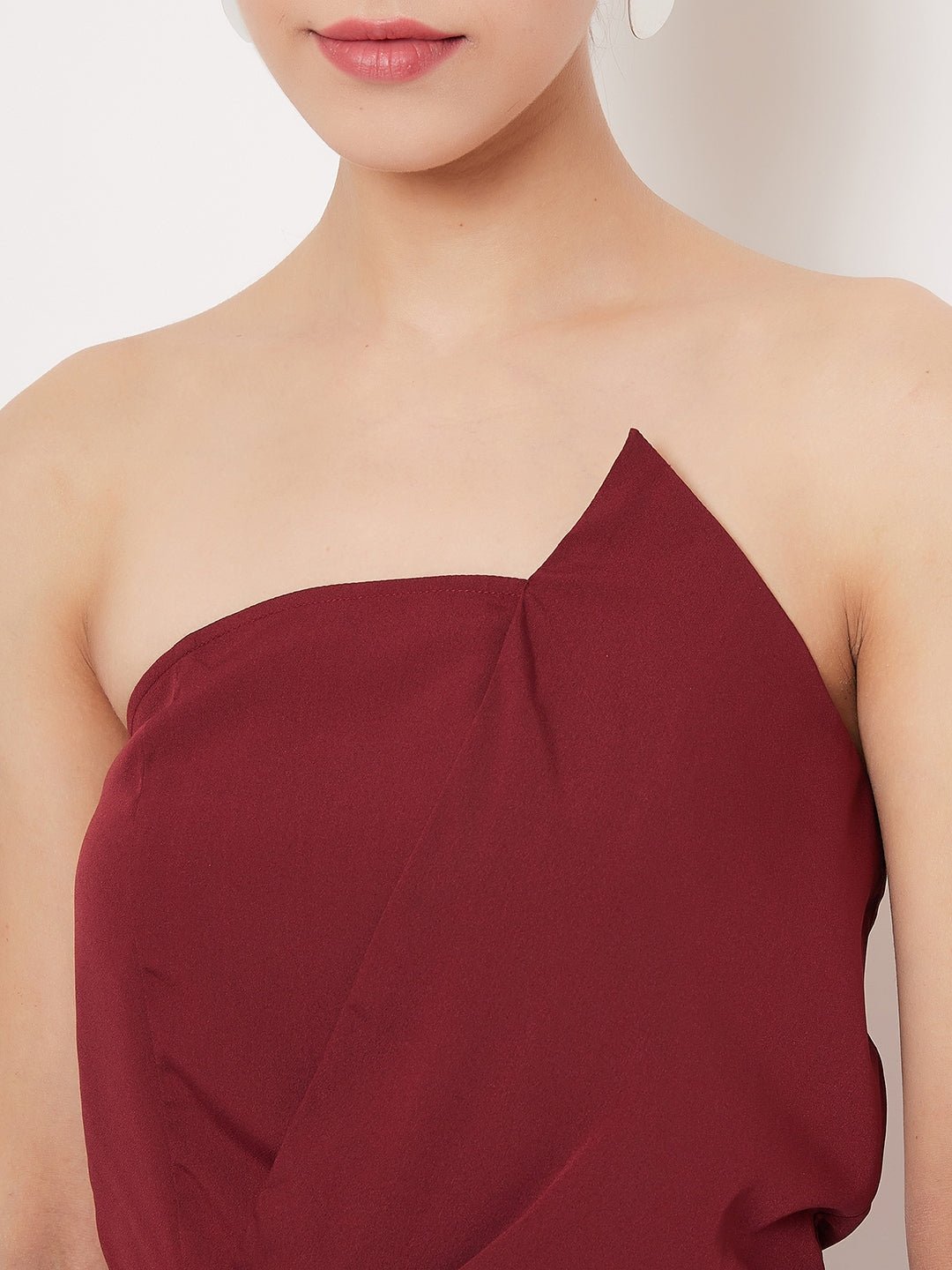 Folk Republic Women Solid Maroon Strapless Neck Sleeveless Crepe Peplum Top - #folk republic#