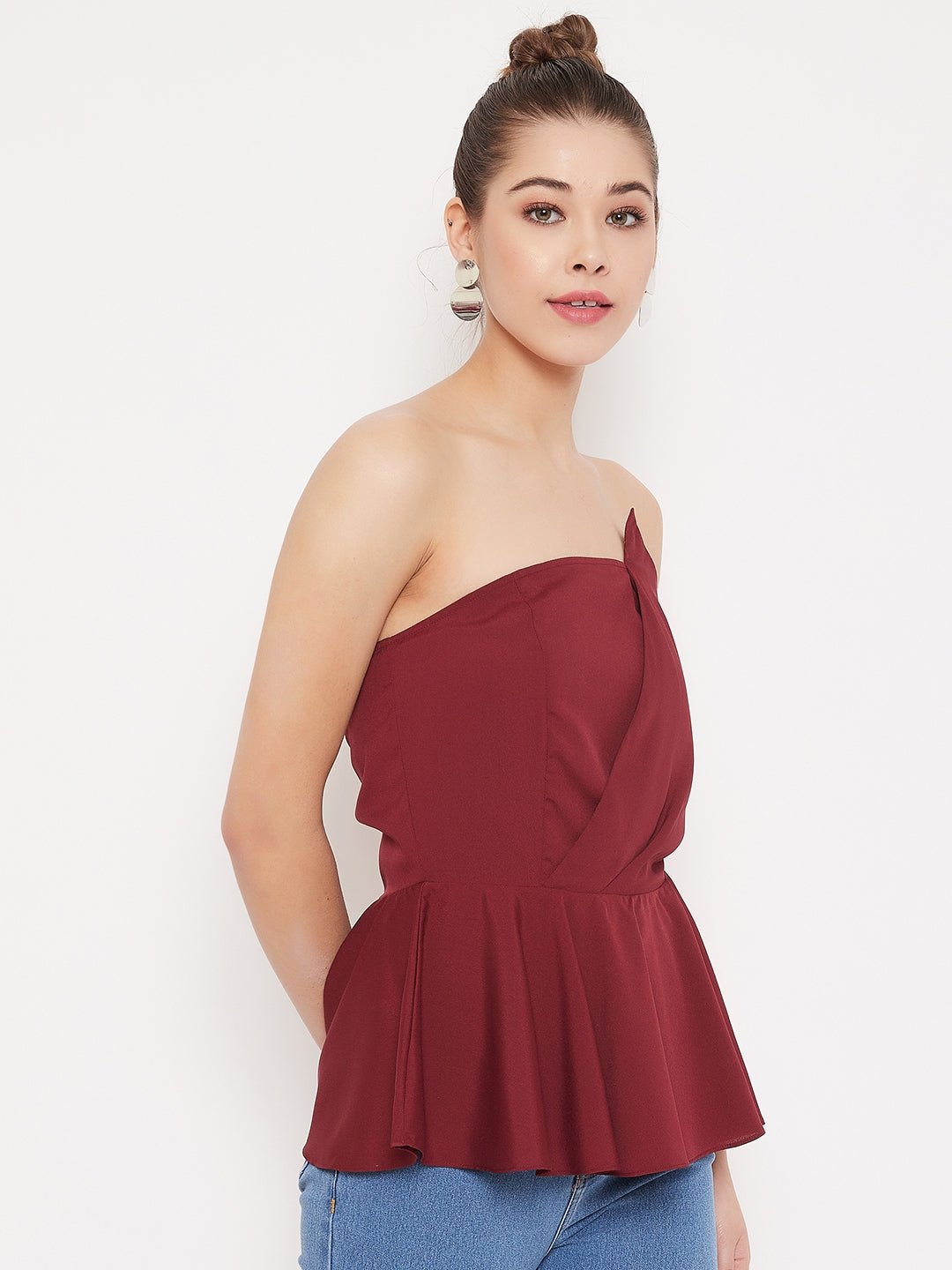 Folk Republic Women Solid Maroon Strapless Neck Sleeveless Crepe Peplum Top - #folk republic#